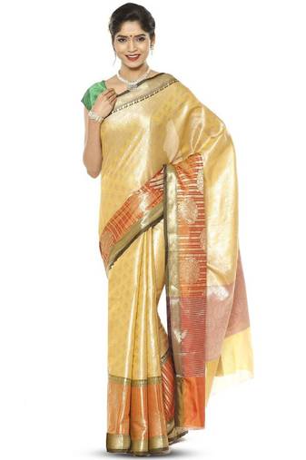beige and green zari design silk blend kanjeevaram saree