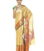 Beige & green ethnic motifs zari silk kanjeevaram saree