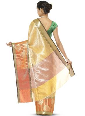 Beige & green ethnic motifs zari silk kanjeevaram saree 2