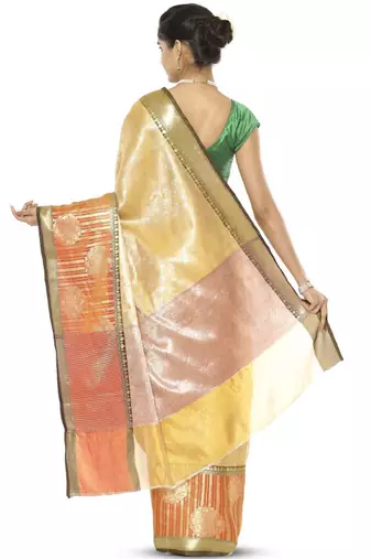 beige and green zari design silk blend kanjeevaram saree