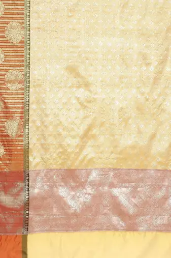 beige and green zari design silk blend kanjeevaram saree