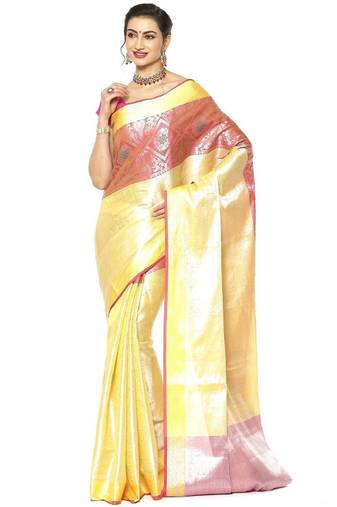 gold zari work silk blend kanjeevaram saree with ethnic motifs woven