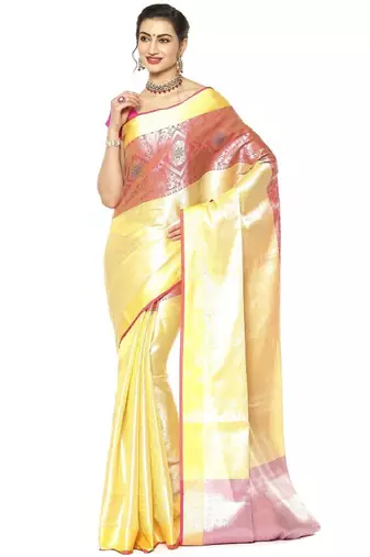 gold zari work silk blend kanjeevaram saree with ethnic motifs woven