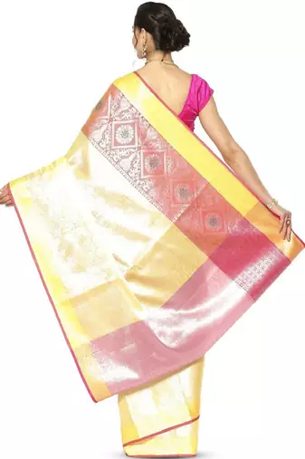 gold zari work silk blend kanjeevaram saree with ethnic motifs woven