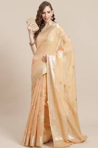 beige cotton saree with floral woven zari design