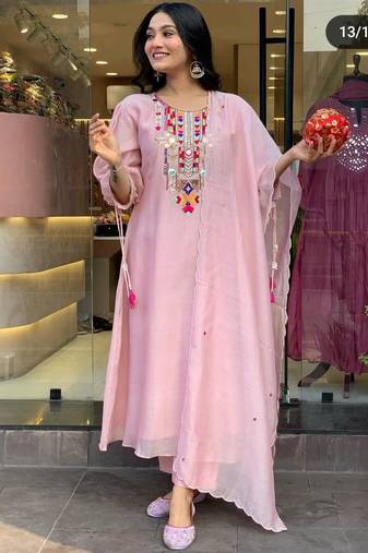 Pink Embroidered Cotton Kurti Pant Dupatta Set Readymade Salwar Kameez For Women