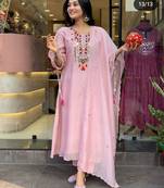 Pink Embroidered Cotton Kurti Pant Dupatta Set Readymade Salwar Kameez For Women