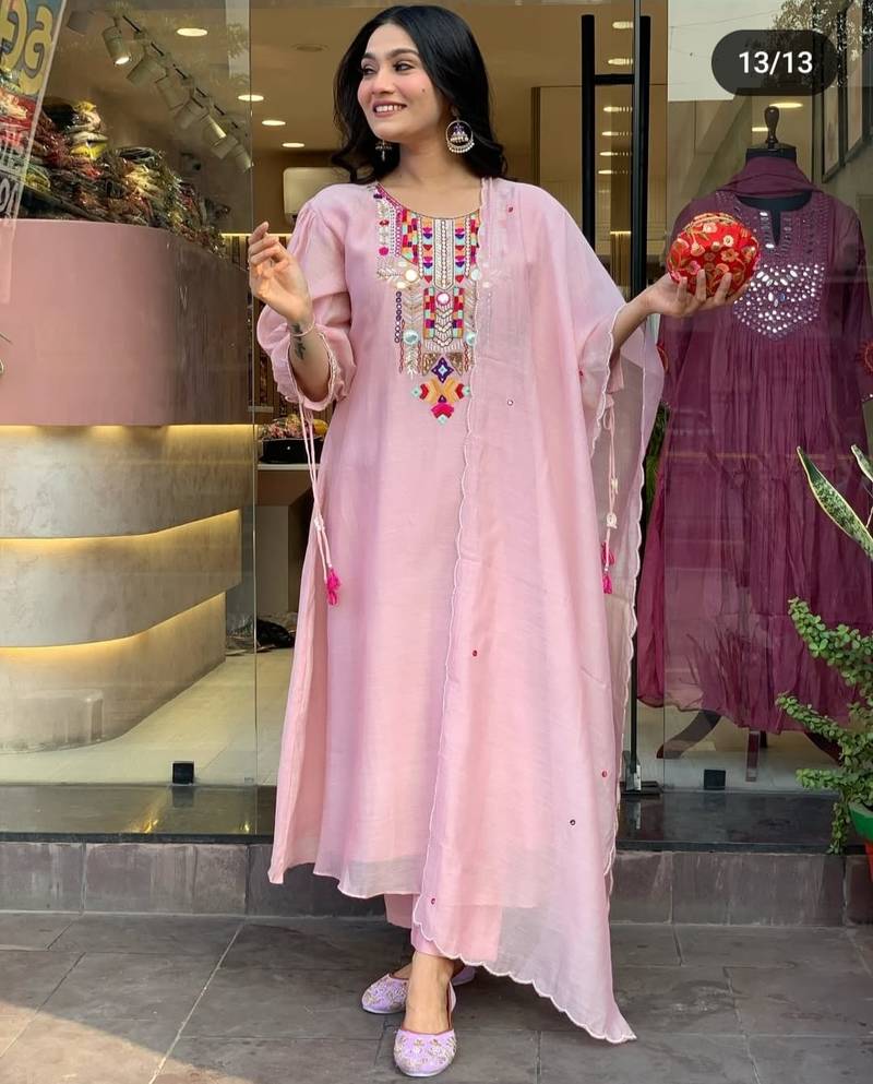 Pink Embroidered Cotton Kurti Pant Dupatta Set Readymade Salwar Kameez For Women