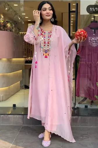 Pink Embroidered Cotton Kurti Pant Dupatta Set Readymade Salwar Kameez For Women