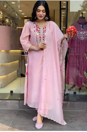 Pink Embroidered Cotton Kurti Pant Dupatta Set Readymade Salwar Kameez For Women