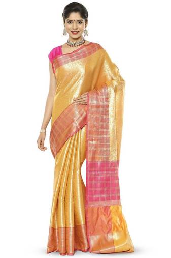gold floral zari silk blend kanjeevaram saree