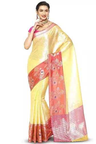 gold silk blend kanjeevaram saree with floral zari design