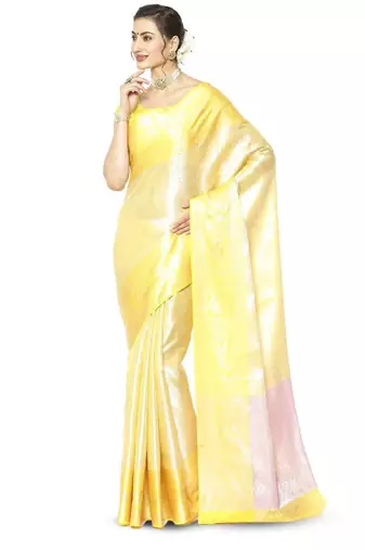 gold zari design silk blend kanjeevaram saree with ethnic motifs woven