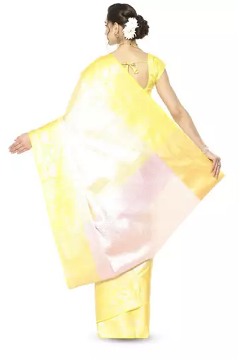 gold zari design silk blend kanjeevaram saree with ethnic motifs woven