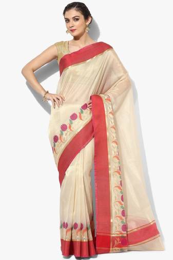 beige floral woven zari art silk banarasi saree