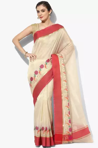 beige floral woven zari art silk banarasi saree