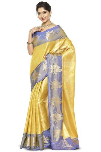 gold silk blend kanjeevaram saree with checked zari design