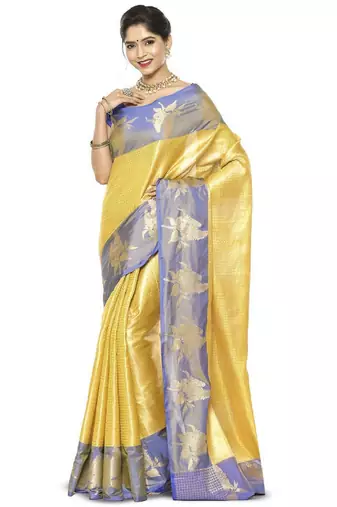 gold silk blend kanjeevaram saree with checked zari design