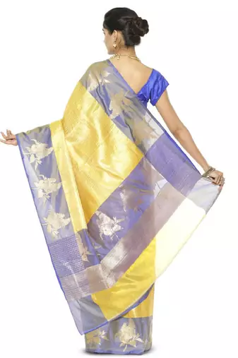gold silk blend kanjeevaram saree with checked zari design