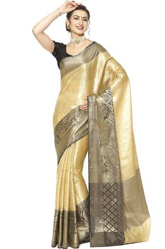 beige floral zari silk blend kanjeevaram saree