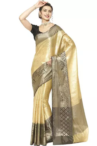 beige floral zari silk blend kanjeevaram saree