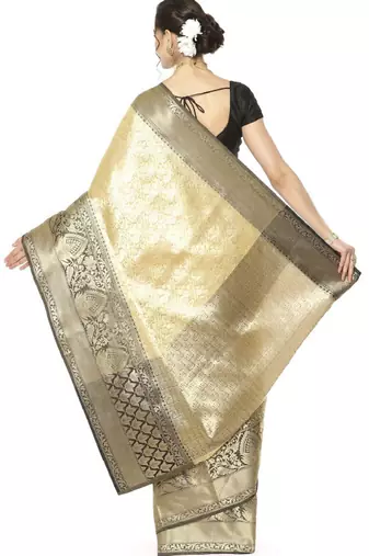 beige floral zari silk blend kanjeevaram saree