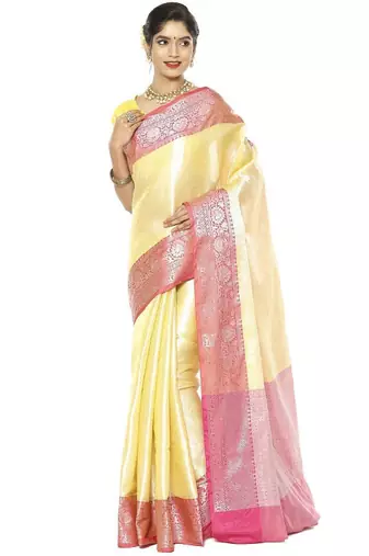 gold kanjeevaram silk saree with ethnic motifs woven zari
