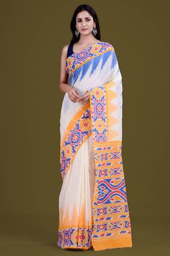 white pure cotton saree with woven floral design