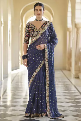 Navy blue organza sequin zari and thread embroidered saree with silk blouse
