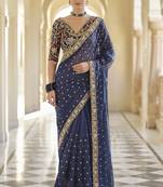 Navy blue organza sequin zari and thread embroidered saree with silk blouse