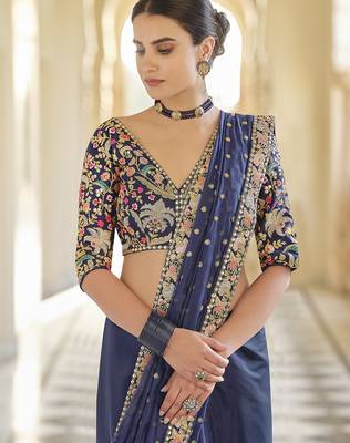 Navy blue organza sequin zari and thread embroidered saree with silk blouse 2