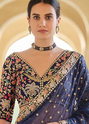 Navy blue organza sequin zari and thread embroidered saree with silk blouse 3