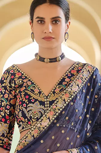 Navy blue organza sequin zari and thread embroidered saree with silk blouse