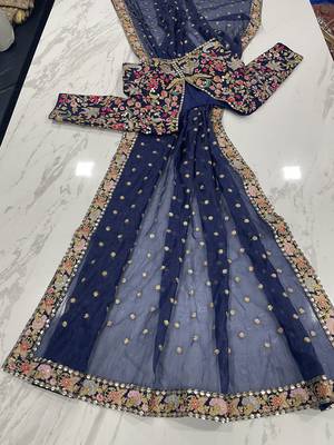 Navy blue organza sequin zari and thread embroidered saree with silk blouse 4