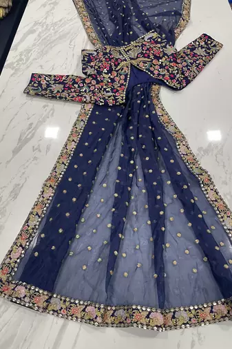Navy blue organza sequin zari and thread embroidered saree with silk blouse