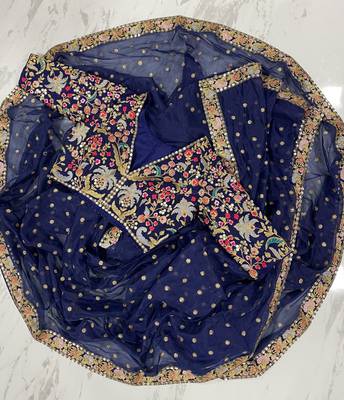 Navy blue organza sequin zari and thread embroidered saree with silk blouse 5
