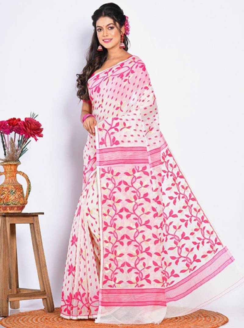 Woven design pure cotton jamdani saree