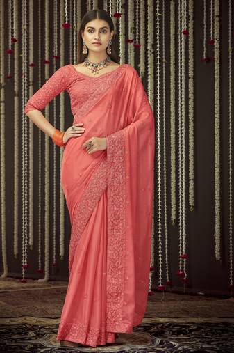 Peach color georgette  designer saree with sequins & thread work