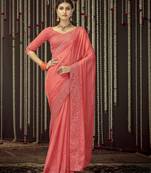 Peach color georgette  designer saree with sequins & thread work
