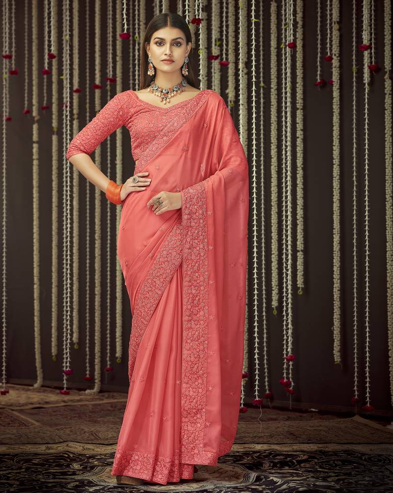 Peach color georgette  designer saree with sequins & thread work