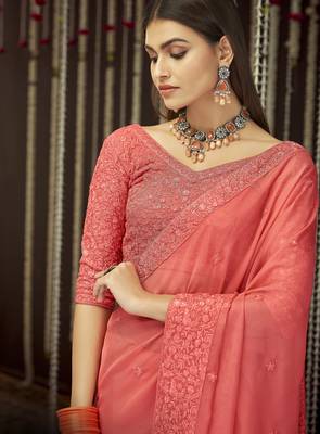 Peach color georgette  designer saree with sequins & thread work 2