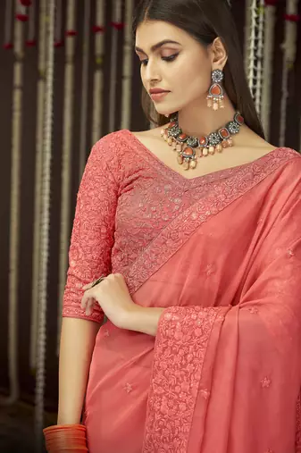 Peach color georgette  designer saree with sequins & thread work