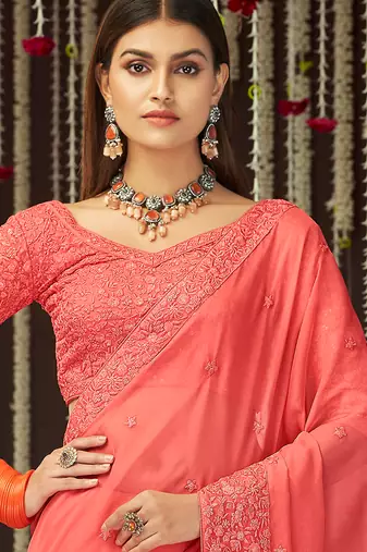 Peach color georgette  designer saree with sequins & thread work
