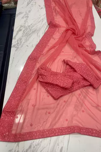 Peach color georgette  designer saree with sequins & thread work