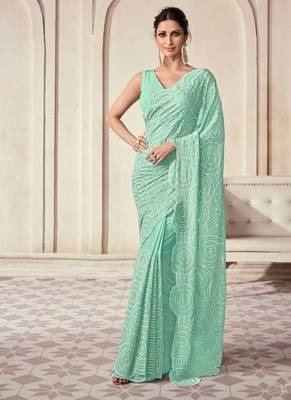 Sea green georgette embroidered saree with unstitched blouse for women 1