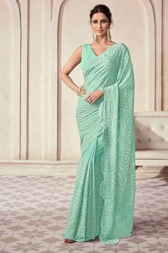 Sea green georgette embroidered saree with unstitched blouse for women