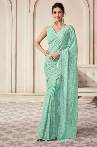 Sea green georgette embroidered saree with unstitched blouse for women