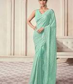 Sea green georgette embroidered saree with unstitched blouse for women