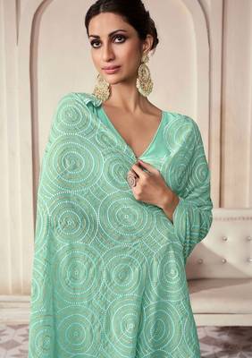 Sea green georgette embroidered saree with unstitched blouse for women 2