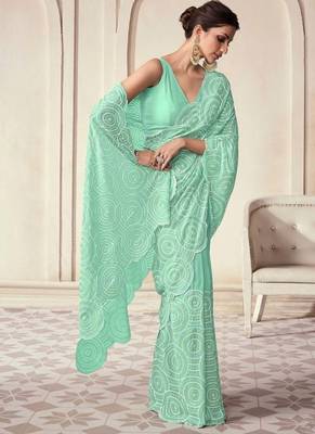 Sea green georgette embroidered saree with unstitched blouse for women 3
